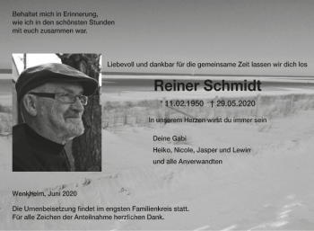 Traueranzeige von Reiner Schmidt von Fränkische Nachrichten