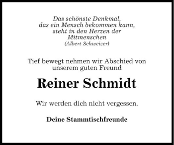 Traueranzeige von Reiner Schmidt von Fränkische Nachrichten