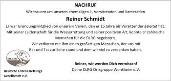 Traueranzeige von Reiner Schmidt von Fränkische Nachrichten