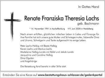 Traueranzeige von Renate Franziska Theresia Lachs von Südhessen Morgen