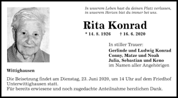 Traueranzeige von Rita Konrad von Fränkische Nachrichten