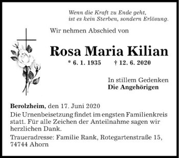 Traueranzeige von Rosa Maria Kilian von Fränkische Nachrichten