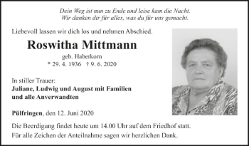 Traueranzeige von Roswitha Mittmann von Fränkische Nachrichten