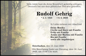 Traueranzeige von Rudolf Gehrig von Fränkische Nachrichten