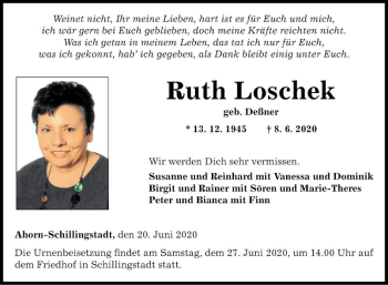 Traueranzeige von Ruth Loschek von Fränkische Nachrichten