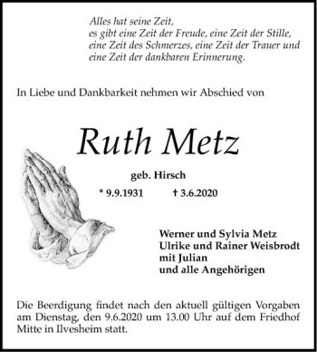 Traueranzeige von Ruth Metz von Mannheimer Morgen