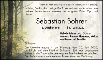 Traueranzeige von Sebastian Bohrer von Bergsträßer Anzeiger