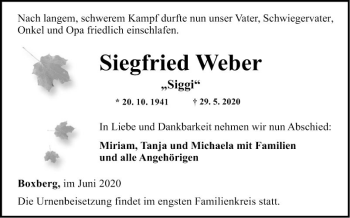 Traueranzeige von Siegfried Weber von Fränkische Nachrichten