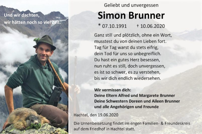  Traueranzeige für Simon Brunner vom 19.06.2020 aus Fränkische Nachrichten