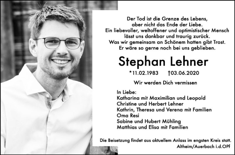  Traueranzeige für Stephan Lehner vom 06.06.2020 aus Fränkische Nachrichten