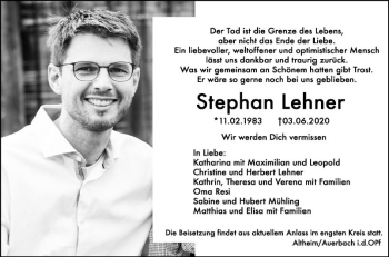 Traueranzeige von Stephan Lehner von Fränkische Nachrichten