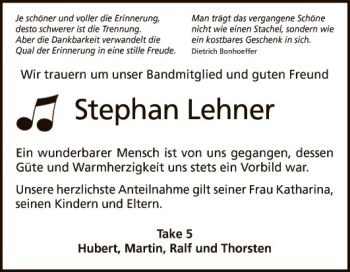 Traueranzeige von Stephan Lehner von Fränkische Nachrichten