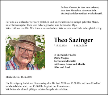 Traueranzeige von Theo Sazinger von Fränkische Nachrichten