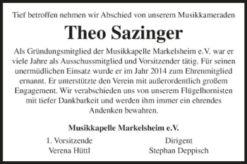 Traueranzeige von Theo Sazinger von Fränkische Nachrichten