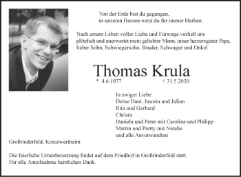 Traueranzeige von Thomas Krula von Fränkische Nachrichten