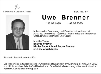 Traueranzeige von Uwe Brenner von Südhessen Morgen