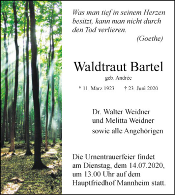 Traueranzeige von Waldtraut Bartel von Mannheimer Morgen