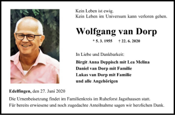 Traueranzeige von Wolfgang van Dorp von Fränkische Nachrichten