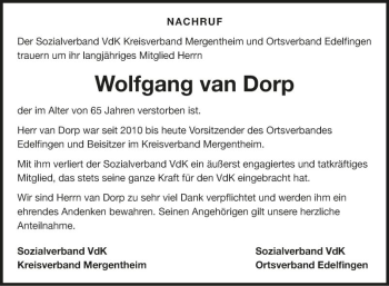 Traueranzeige von Wolfgang van Dorp von Fränkische Nachrichten