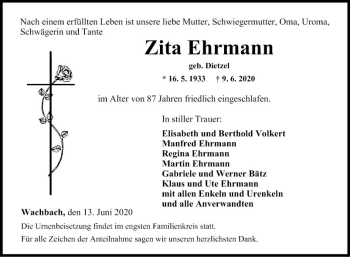 Traueranzeige von Zita Ehrmann von Fränkische Nachrichten