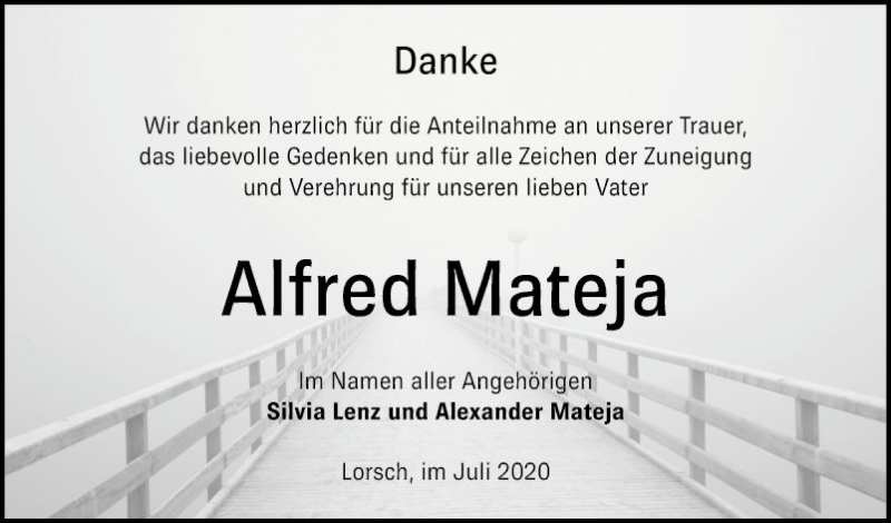  Traueranzeige für Alfred Mateja vom 25.07.2020 aus Bergsträßer Anzeiger