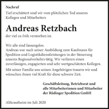 Traueranzeige von Andreas Retzbach von Fränkische Nachrichten