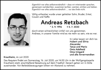 Traueranzeige von Andreas Retzbach von Fränkische Nachrichten