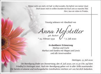 Traueranzeige von Anna Hofstetter von Fränkische Nachrichten