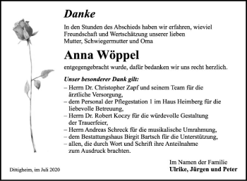 Traueranzeige von Anna Wöppel von Fränkische Nachrichten