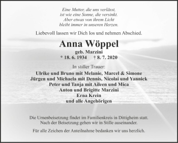 Traueranzeige von Anna Wöppel von Fränkische Nachrichten