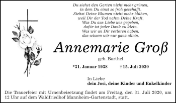 Traueranzeige von Annemarie Groß von Mannheimer Morgen