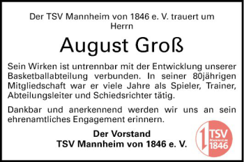 Traueranzeige von August Groß von Mannheimer Morgen