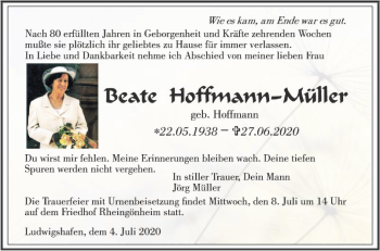 Traueranzeige von Beate Hoffmann-Müller von Mannheimer Morgen