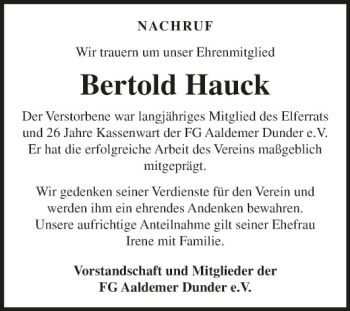 Traueranzeige von Bertold Hauck von Fränkische Nachrichten