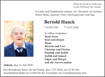 Traueranzeige von Bertold Hauck von Fränkische Nachrichten