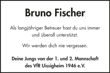 Traueranzeige von Bruno Fischer von Fränkische Nachrichten