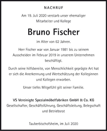 Traueranzeige von Bruno Fischer von Fränkische Nachrichten