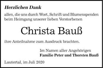 Traueranzeige von Christa Bauß von Bergsträßer Anzeiger