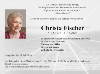 Traueranzeige von Christa Fischer von Fränkische Nachrichten