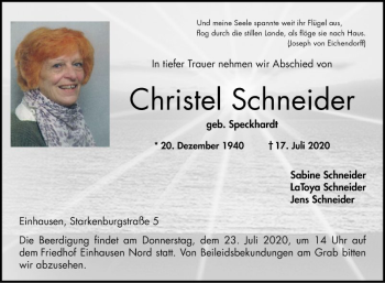 Traueranzeige von Christel Schneider von Bergsträßer Anzeiger