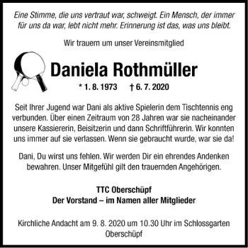 Traueranzeige von Daniela Rothmüller von Fränkische Nachrichten