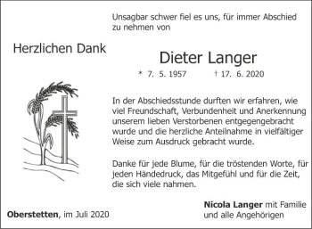 Traueranzeige von Dieter Langer von Fränkische Nachrichten