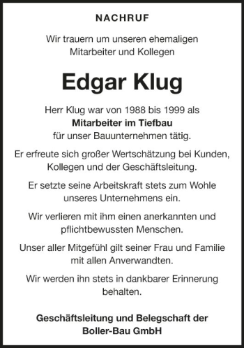 Traueranzeige von Edgar Klug von Fränkische Nachrichten