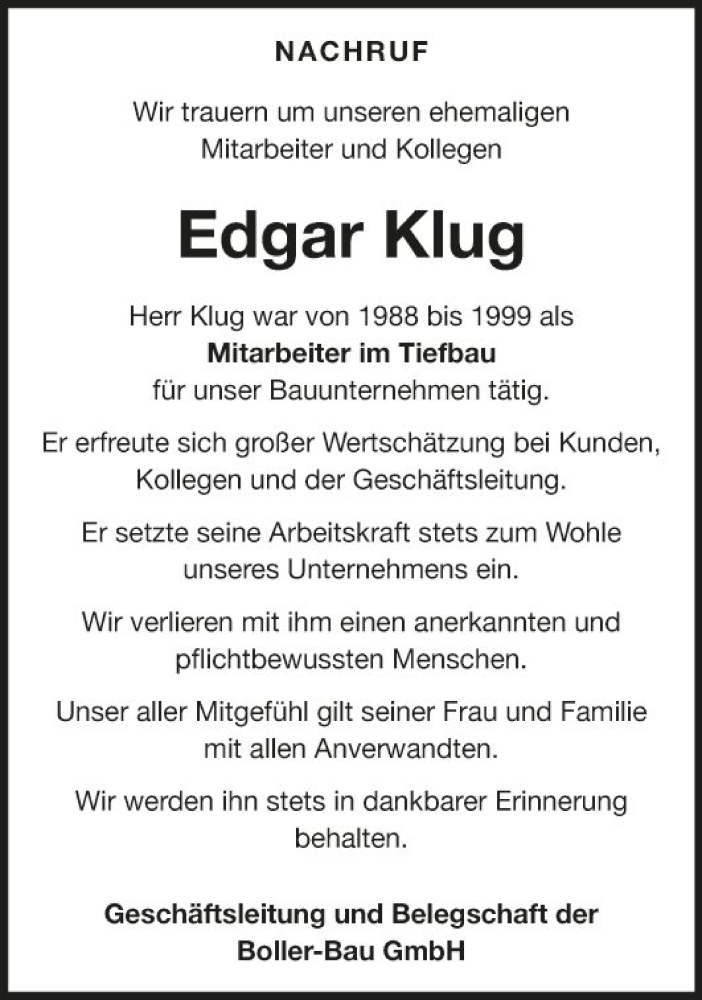  Traueranzeige für Edgar Klug vom 29.07.2020 aus Fränkische Nachrichten