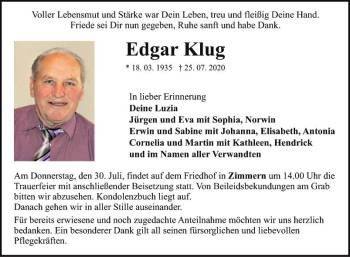 Traueranzeige von Edgar Klug von Fränkische Nachrichten