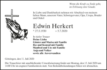 Traueranzeige von Edwin Herkert von Fränkische Nachrichten