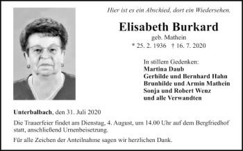 Traueranzeige von Elisabeth Burkard von Fränkische Nachrichten