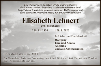 Traueranzeige von Elisabeth Lehnert von Fränkische Nachrichten