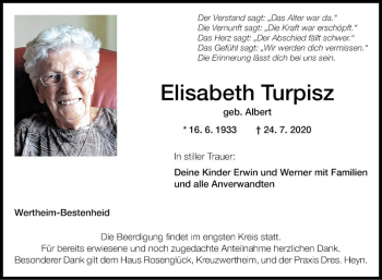 Traueranzeige von Elisabeth Turpisz von Fränkische Nachrichten