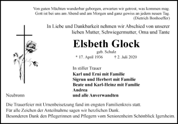 Traueranzeige von Elsbeth Glock von Fränkische Nachrichten